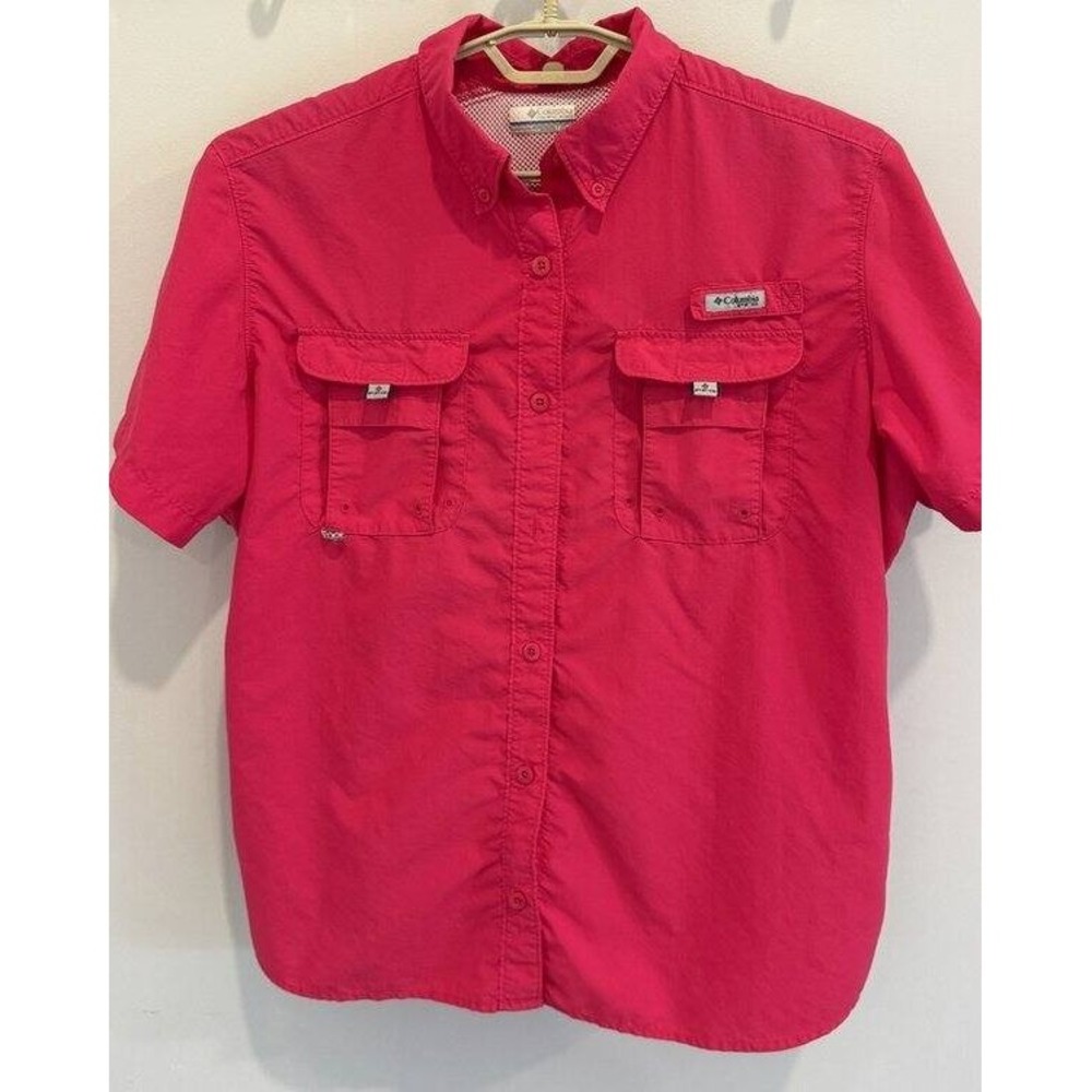 Columbia PFG Womens Bright Pink Tactel Nylon Short Sleeve Button Front Shirt 1X